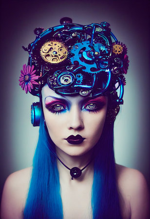 A fictional person, not based on a real person. Portrait of a Victorian steampunk robot with beautiful makeup. Artistic abstract steampunk fantasy. The concept of a vintage robot. 3d renderingの素材