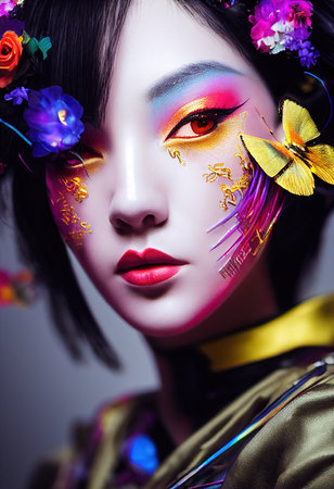 A fictional person, not based on a real person. Abstract colorful portrait of a pretty geisha with beautiful makeup and butterflies. Fashionable cute woman. Creative beautiful girl. 3d renderingの素材
