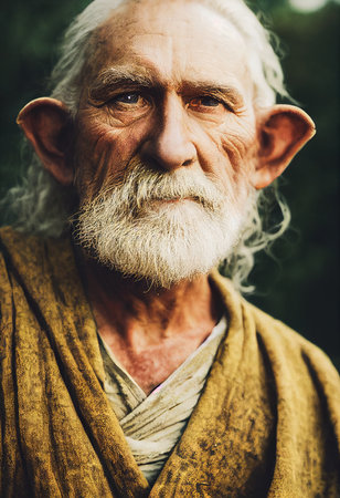 A fictional person, not based on a real person. A fantasy old elf man with white hair. Blond hair, pointy elf ears, gray beard. 3D render.の素材