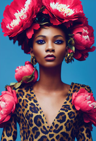 A fictional person, not based on a real person. Portrait of a fantasy ebony girl. Fashionable painted woman. Creative beautiful girl. 3d renderingの素材