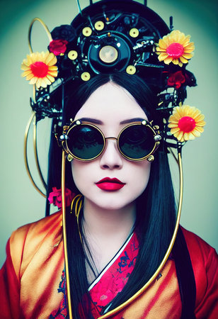 A fictional person, not based on a real person. Portrait of a Victorian steampunk robot with beautiful makeup. Artistic abstract steampunk fantasy. The concept of a vintage robot. 3d renderingの素材