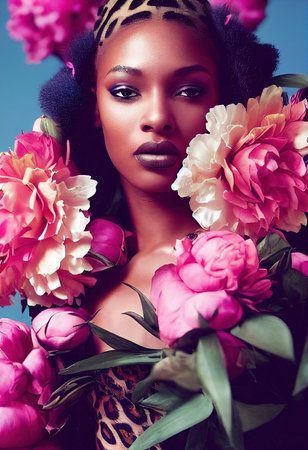 A fictional person, not based on a real person. Portrait of a fantasy ebony girl. Fashionable woman with flowers. Creative beautiful girl. 3d renderingの素材