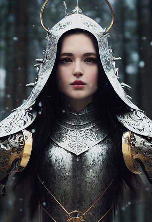 A fictional person, not based on a real person. Portrait of an ancient female warrior in ancient warrior armor. The concept of an ancient brave warrior. 3D render.の素材