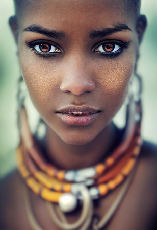 A fictional person, not based on a real person. Portrait of a fantasy ebony girl. Fashionable painted woman. Creative beautiful girl. 3d renderingの素材