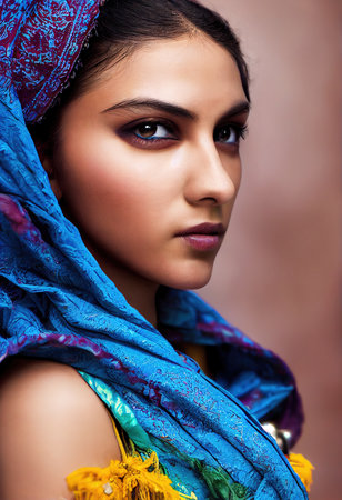 A fictional person, not based on a real person. Abstract portrait of a beautiful fictional indian girl. Fashionable cute woman. Creative beautiful girl. 3d renderingの素材