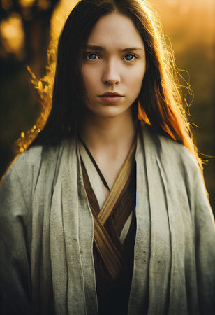 A fictional person, not based on a real person. A beautiful ancient young woman in antique clothing. Pretty mystery girl. 3D renderingの素材