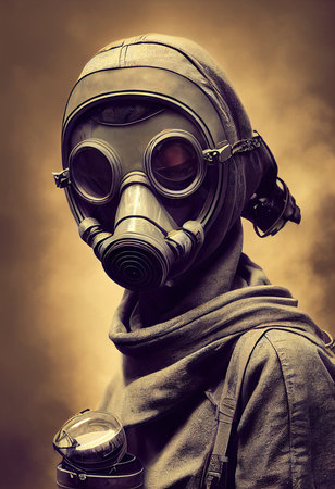 A fictional person, not based on a real person. A stalker survivor in protective clothing and an gas mask. Survivor of nuclear war. The concept of the post-apocalypse. 3d renderingの素材