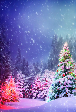 Christmas trees with beautiful colorful illumination. New Years cheerful atmosphere. A winter Christmas forest. 3d renderingの素材