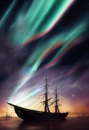 A vintage pirate ship with tattered sails sails across the ocean against a backdrop of beautiful northern lights. The concept of a pirate adventure. 3D renderingの素材