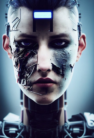 A fictional person, not based on a real person. Portrait of a futuristic robot. An artistic abstract steampunk fantasy. Concept of a modern robot. 3d renderingの素材