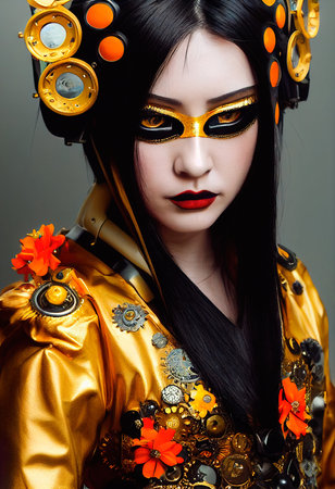 A fictional person, not based on a real person. Portrait of a Victorian steampunk robot with beautiful makeup. Artistic abstract steampunk fantasy. The concept of a vintage robot. 3d renderingの素材