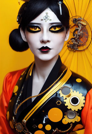 A fictional person, not based on a real person. Portrait of a Victorian steampunk robot with beautiful makeup. Artistic abstract steampunk fantasy. The concept of a vintage robot. 3d renderingの素材