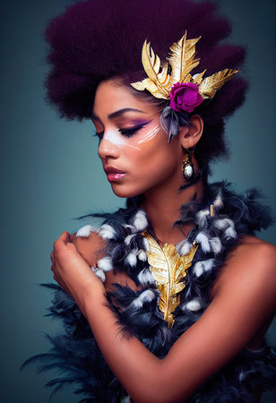 A fictional person, not based on a real person. Portrait of a fantasy ebony girl. Fashionable painted woman. Creative beautiful girl. 3d renderingの素材