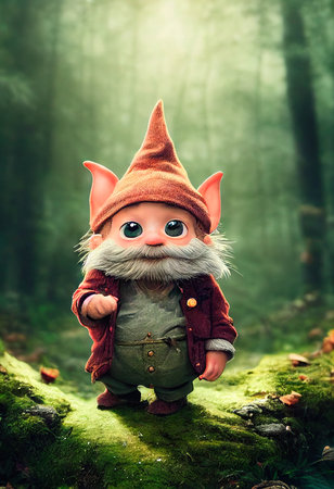 Funny little gnome in a green forest. The concept of fairy tale characters. 3D render.の素材
