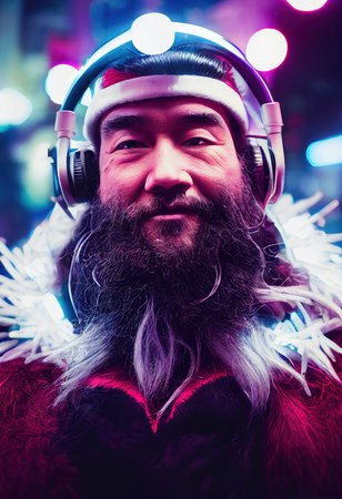 A fictional person, not based on a real person. A portrait of a grandfather in a futuristic cyberpunk style with a cyber headset. The concept of virtual reality and cyberpunk. 3D renderの素材