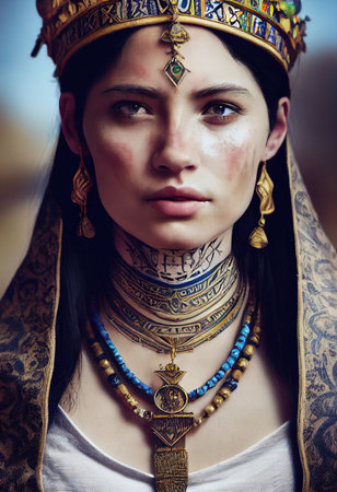 A fictional person, not based on a real person. Portrait of a beautiful priestess with makeup. Image of an ancient princess. 3d renderingの素材