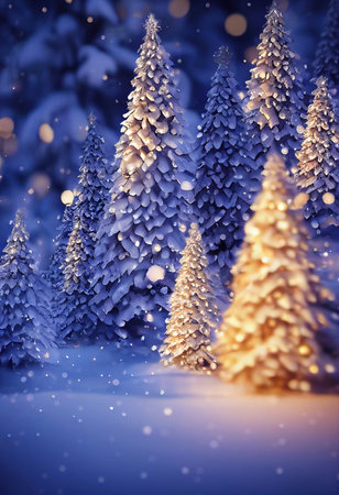 Christmas trees with beautiful colorful illumination. New Years cheerful atmosphere. A winter Christmas forest. 3d renderingの素材