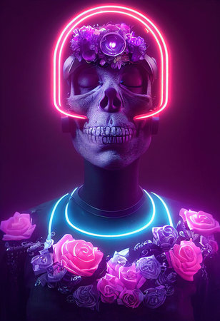 Portrait of a zombie cyber skeleton from hell. Skeleton with flowers. Halloween Concept. 3D rendering.の素材