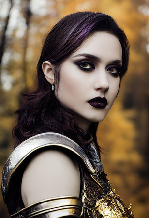 A fictional person, not based on a real person. Portrait of an ancient female warrior in ancient warrior armor. The concept of an ancient brave warrior. 3D render.の素材