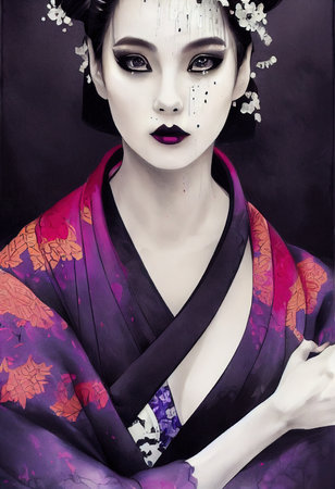 A fictional person, not based on a real person. Abstract colorful portrait of a pretty geisha with beautiful makeup and butterflies. Fashionable cute woman. Creative beautiful girl. 3d renderingの素材