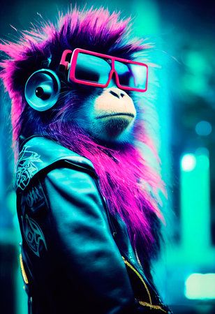 A fictional portrait of a punk monkey with headphones and colorful hair. A hipster monkey with a punk hairdo. 3D renderの素材