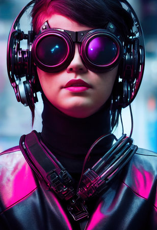 A fictional person, not based on a real person. A portrait of a sci-fi cyberpunk girl wearing cyberpunk glasses. High-tech futuristic woman from the future. The concept of cyberpunk. 3D render.の素材