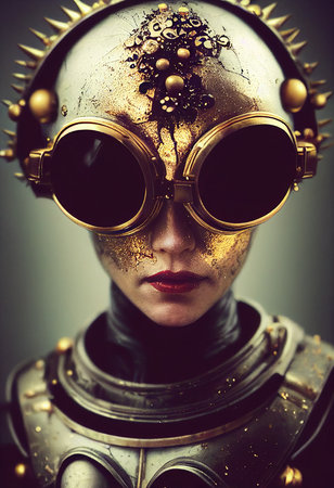 A fictional person, not based on a real person. Abstract portrait of a fantasy steampunk man. High-tech futuristic man. Concept of virtual reality and steampunk. 3D rendering.の素材