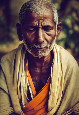 An old Buddhist monk dressed as a monk. Meditating Buddhist monk. Portrait of an ancient wise elder. 3D renderの素材