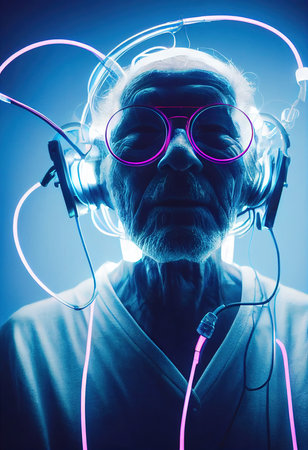 A fictional person, not based on a real person. A portrait of a grandfather in a futuristic cyberpunk style with a cyber headset. The concept of virtual reality and cyberpunk. 3D renderの素材