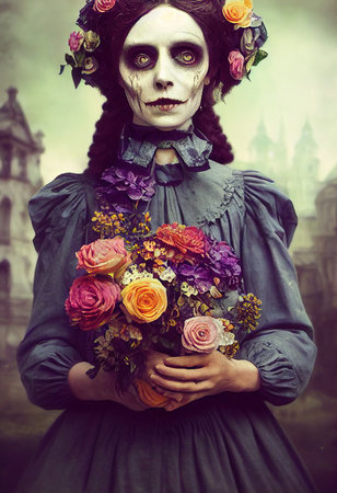 A fictional person, not based on a real person. Mystical beautiful fictional woman with beautiful makeup. Gothic mystery girl. 3D renderingの素材