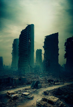 A post-apocalyptic ruined city. Destroyed buildings, destroyed roads, blown up skyscrapers. The concept of the apocalypse. 3d renderingの素材