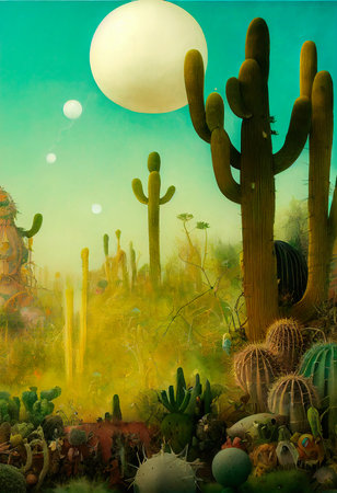 Colorful abstract bright desert cacti. Green wonderful cacti and amazing desert nature. Abstract colorful background. 3D rendering.の素材