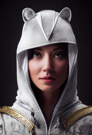 A fictional person, not based on a real person. Fantasy portrait of a militant female assassin in an ancient assassin costume. The concept of ancient warriors. 3D renderingの素材