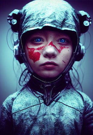 A fictional person, not based on a real person. A fictional portrait of a cyberpunk sci-fi child. A high-tech futuristic child from the future. The concept of virtual reality and cyberpunk. 3D render.の素材