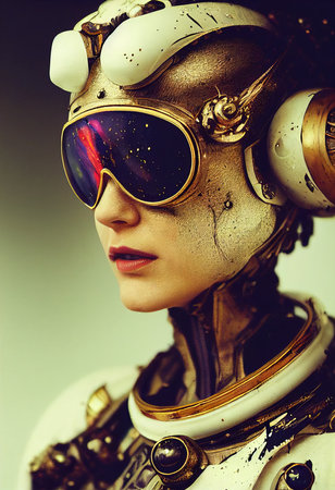 A fictional person, not based on a real person. Abstract portrait of a fantasy steampunk man. High-tech futuristic man. Concept of virtual reality and steampunk. 3D rendering.の素材