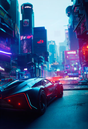 Image of a futuristic car against the backdrop of the city of the future. Concept of the car of the future. 3D renderingの素材