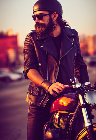 A fictional person, not based on a real person. Handsome, bearded, brutal biker in a black leather jacket against the road. 3d renderingの素材