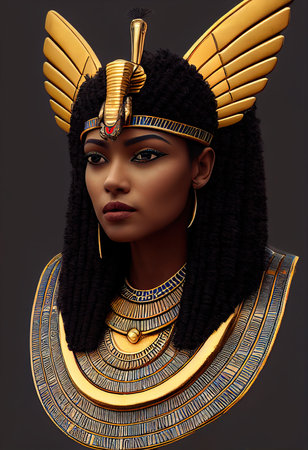 A fictional person, not based on a real person. A beautiful young Egyptian pharaoh with beautiful hair, a golden crown, wearing elegant clothes and jewelry. 3D render.の素材
