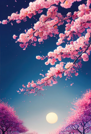 Colorful abstract multicolored bright cherry trees and mountains. Abstract mountains in japan and sakura. 3D rendering.の素材