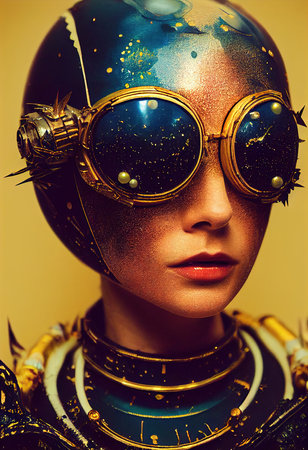 A fictional person, not based on a real person. Abstract portrait of a fantasy steampunk man. High-tech futuristic man. Concept of virtual reality and steampunk. 3D rendering.の素材