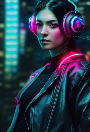 A fictional person, not based on a real person. A portrait of a sci-fi cyberpunk girl. High-tech futuristic woman from the future. The concept of virtual reality and cyberpunk. 3D render.の素材