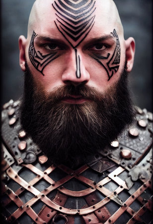 A fictional person, not based on a real person. Portrait of an ancient warrior with a beard and in ancient clothing. Concept of an ancient brave warrior. 3D render.の素材