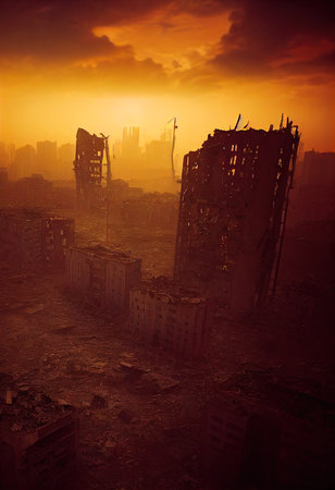 A post-apocalyptic ruined city. Destroyed buildings, destroyed roads, blown up skyscrapers. The concept of the apocalypse. 3d renderingの素材