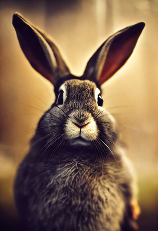 Cute rabbit on green grass. A domestic ornamental rabbit in the wild. 3D rendering.の素材