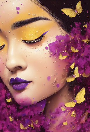 A fictional person, not based on a real person. Abstract colorful portrait of a pretty geisha with beautiful makeup and butterflies. Fashionable cute woman. Creative beautiful girl. 3d renderingの素材