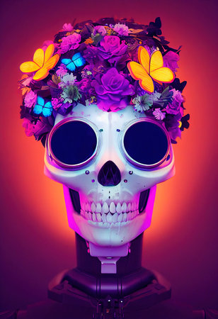 Portrait of a zombie cyber skeleton from hell. Skeleton with flowers. Halloween Concept. 3D rendering.の素材