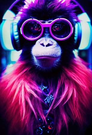 A fictional portrait of a punk monkey with headphones and colorful hair. A hipster monkey with a punk hairdo. 3D renderの素材