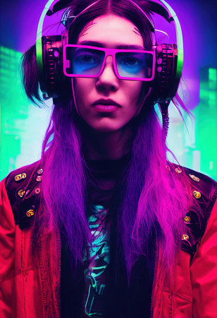 A fictional person, not based on a real person. A portrait of a sci-fi cyberpunk girl wearing cyberpunk glasses. High-tech futuristic woman from the future. The concept of cyberpunk. 3D render.の素材