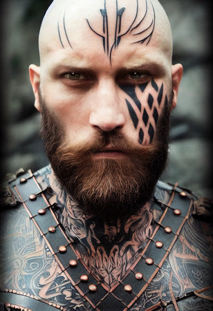 A fictional person, not based on a real person. Portrait of an ancient warrior with a beard and in ancient clothing. Concept of an ancient brave warrior. 3D render.の素材