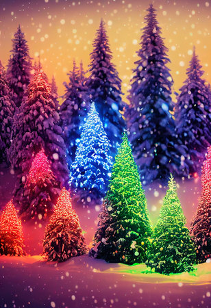 Christmas trees with beautiful colorful illumination. New Years cheerful atmosphere. A winter Christmas forest. 3d renderingの素材